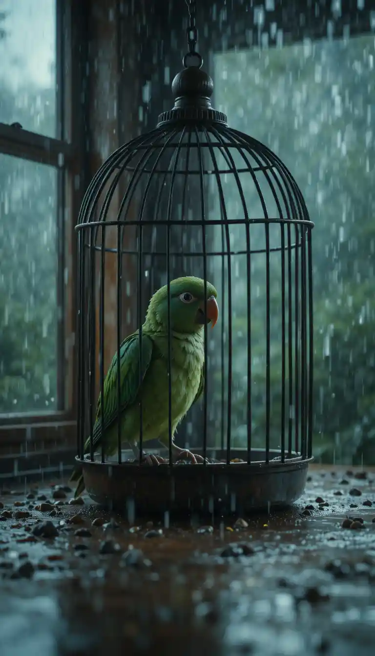 Perroquet vert sortant d’une cage ouverte près d’une fenêtre sous la pluie
