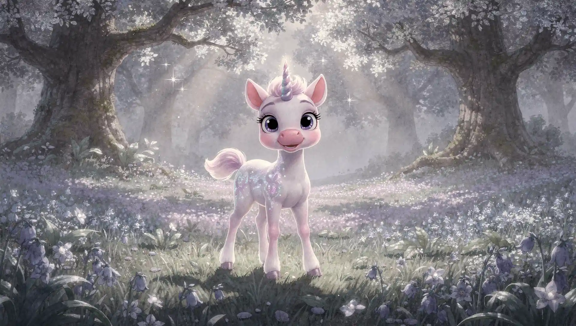 Giovane unicorno in una radura di foresta nebbiosa illuminata dalla luna
