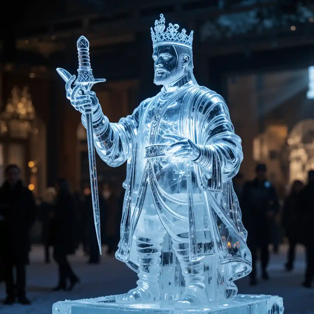 Escultura de hielo transparente de un líder histórico con destellos de lente