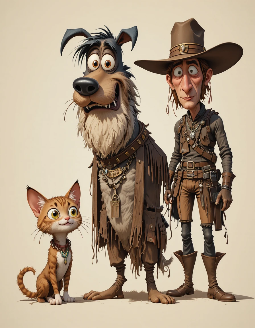 Cão, gato e pistoleiro fantasiosos em estilo cartoon ousado