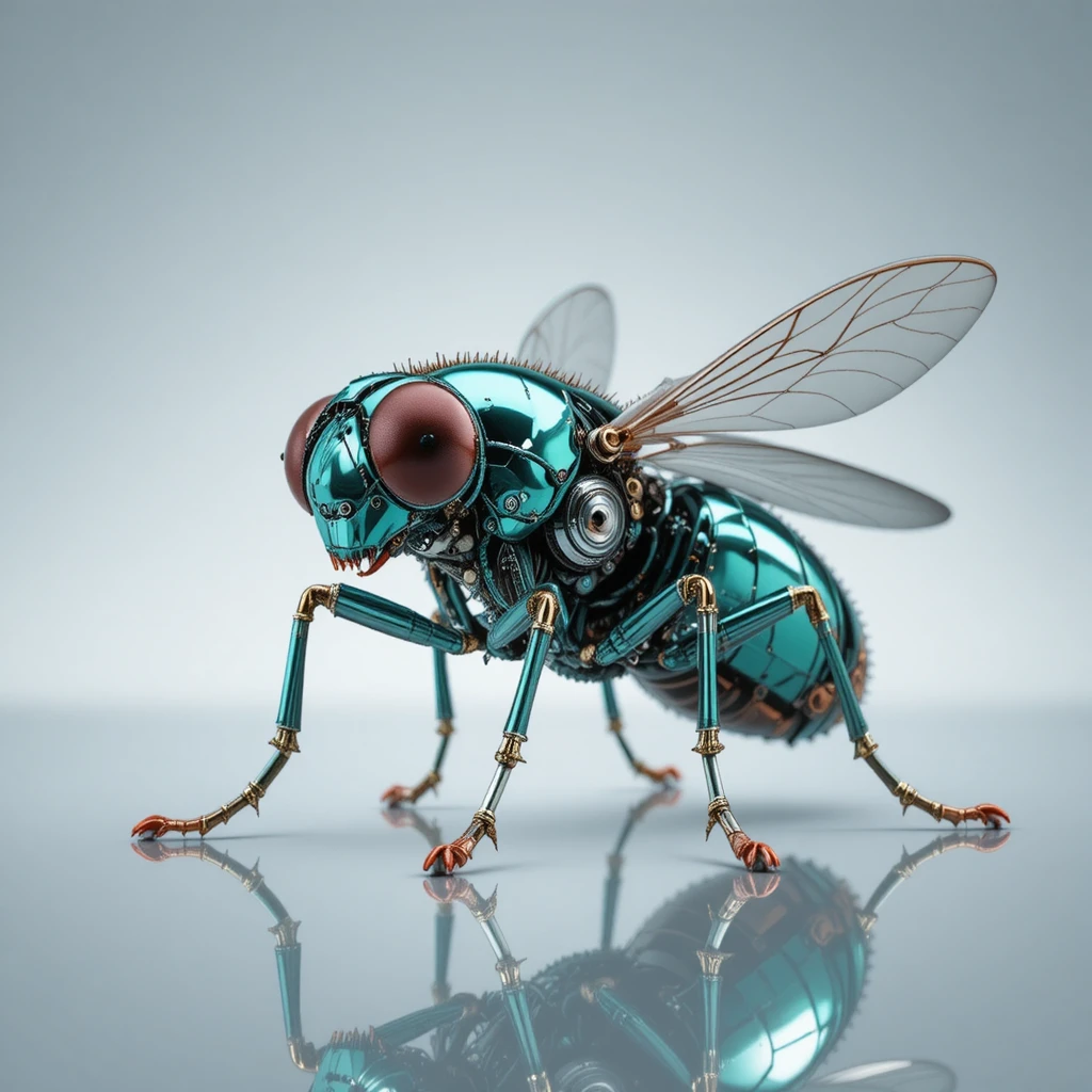 Mechanische Fliege auf reflektierender Studiooberfläche in Makroansicht