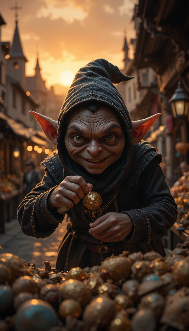 Ladrão goblin sorrateiro roubando tesouros em mercado medieval