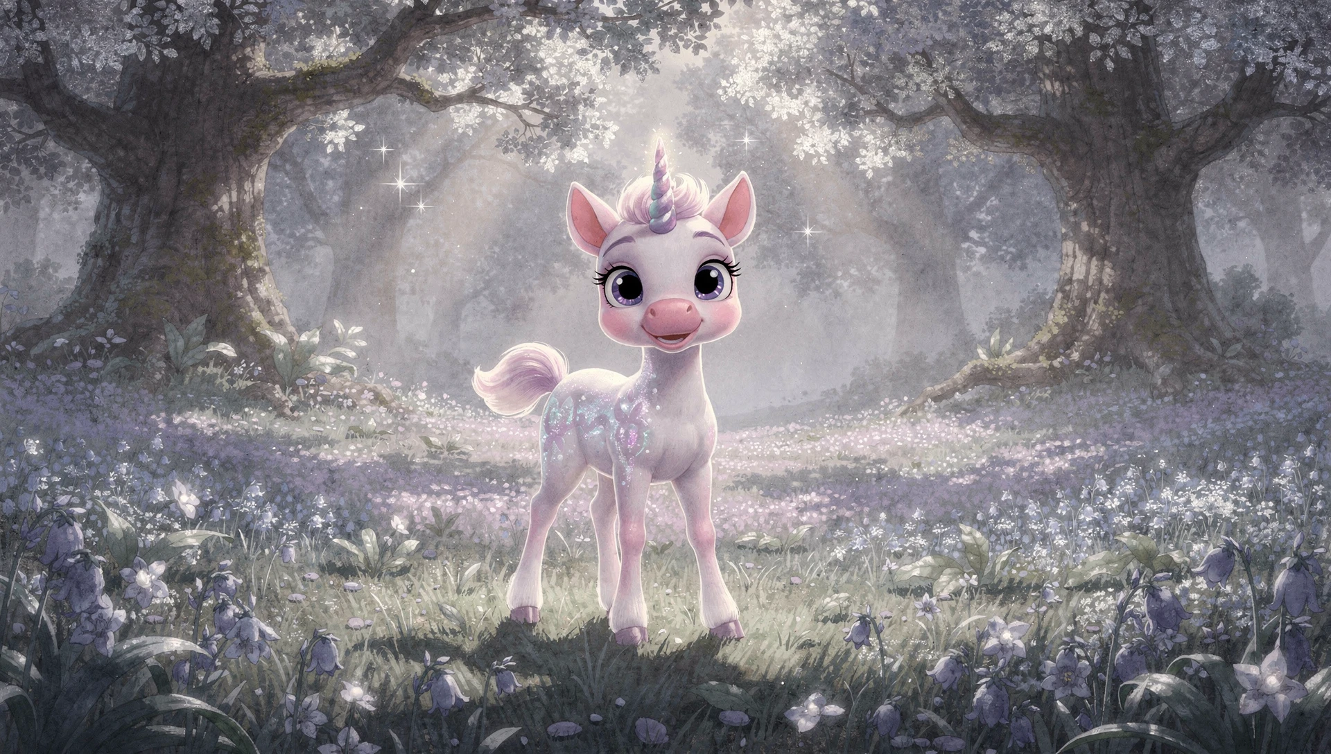 Giovane unicorno in una radura di foresta nebbiosa illuminata dalla luna
