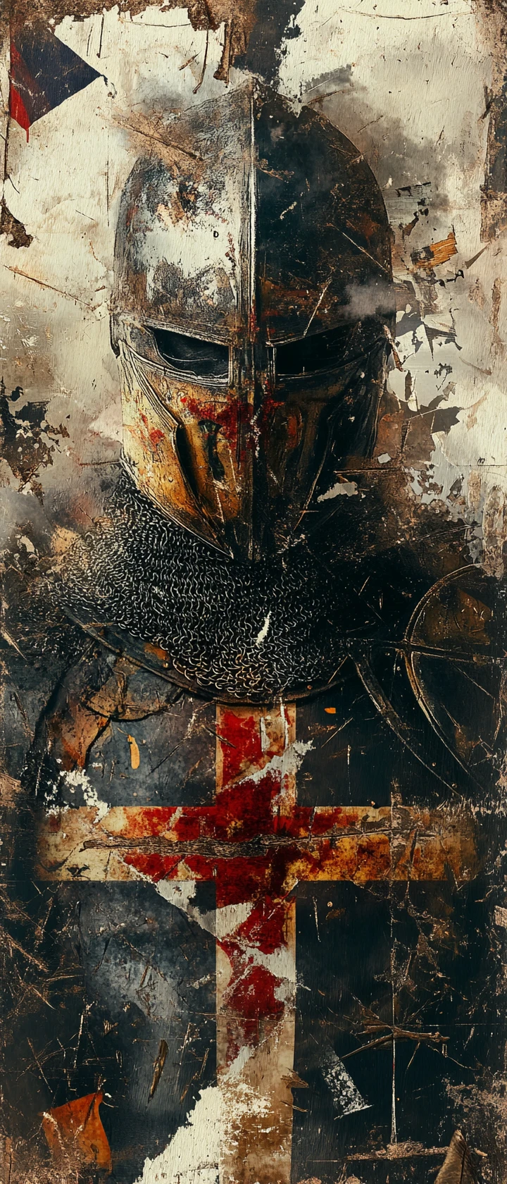 Fragmented monochrome portrait of a templar knight in smoke