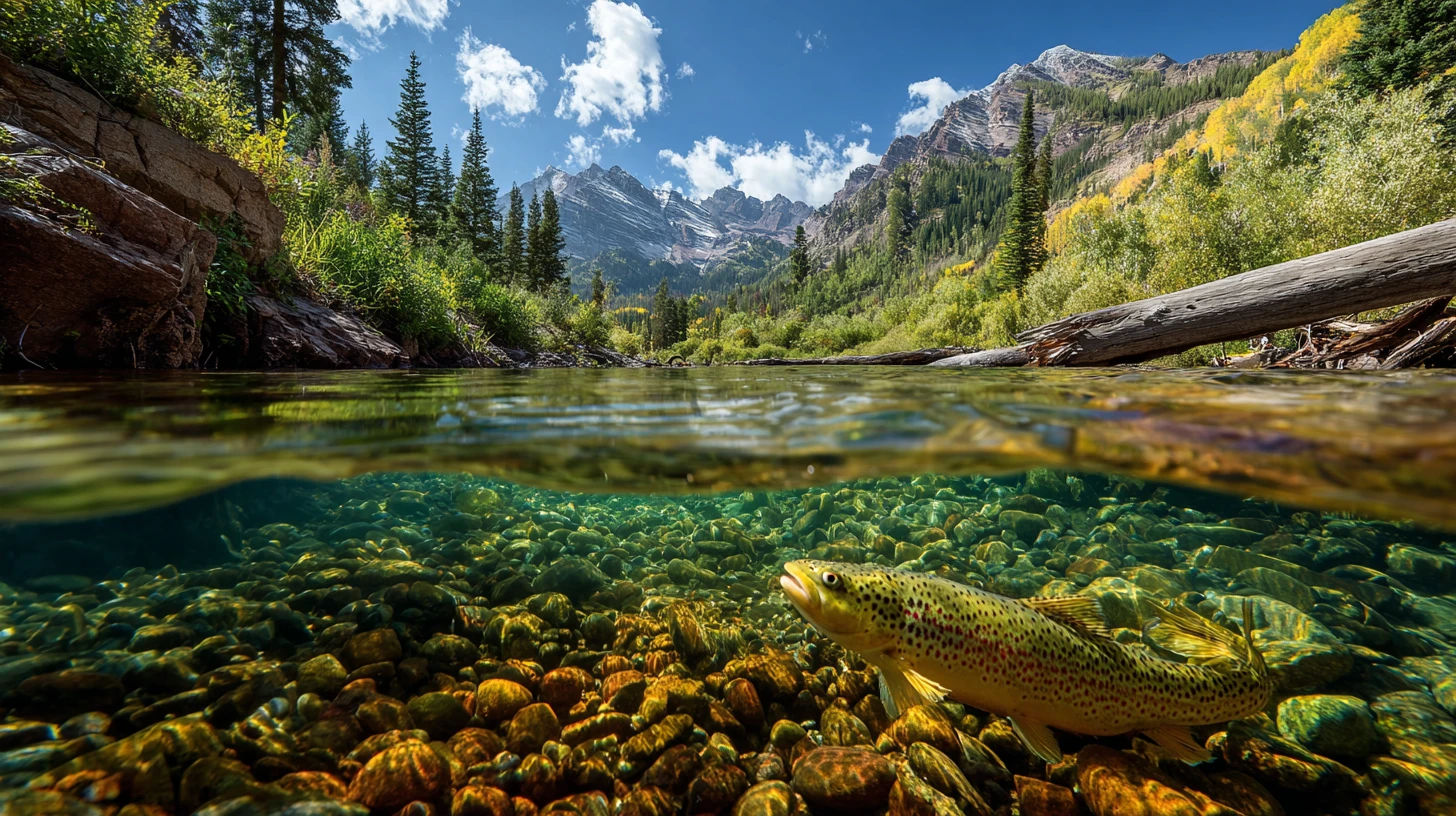 Mountain trout rising toward a mayfly in clear stream
