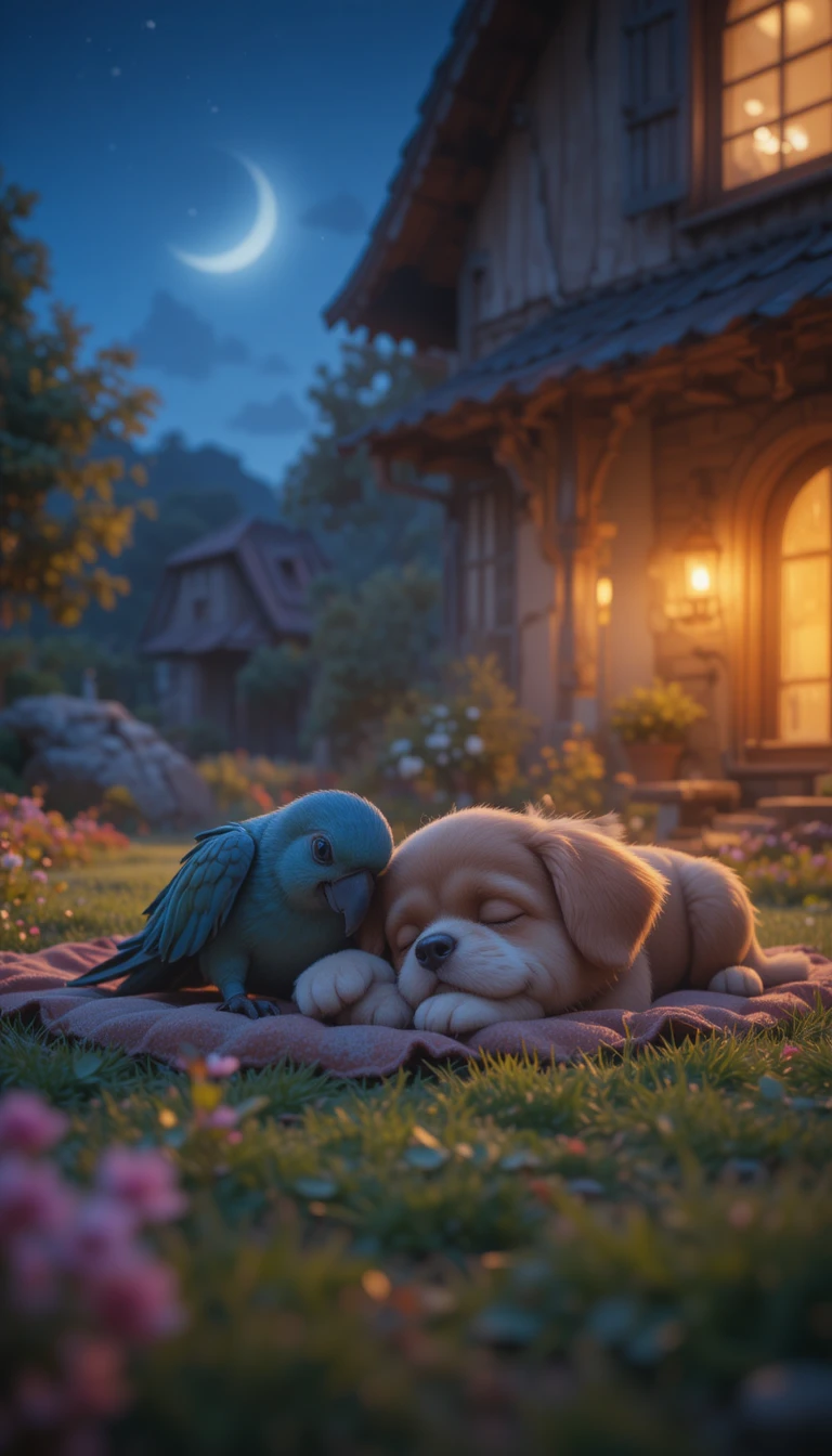 Cachorro y loro durmiendo afuera de una casa antigua de noche