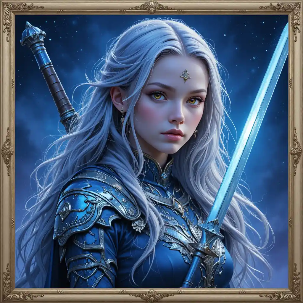 Silver haired fantasy warrior girl under a starry night