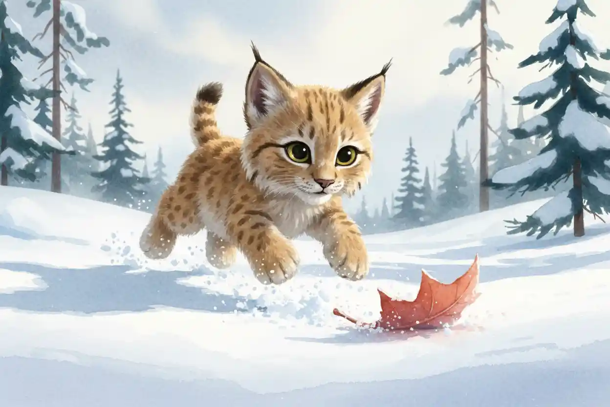 Filhote de lince em aquarela saltando sobre uma folha em floresta nevada