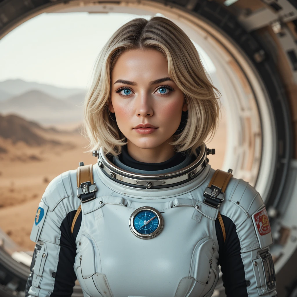 Astronauta feminina de traje espacial branco dentro de módulo habitável em Marte
