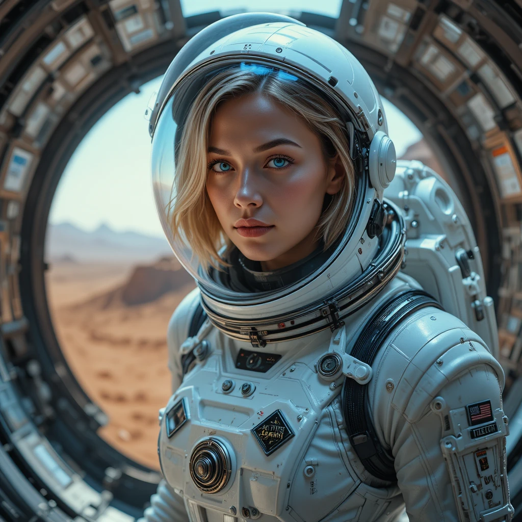 Astronauta donna in tuta spaziale bianca all'interno di un modulo marziano