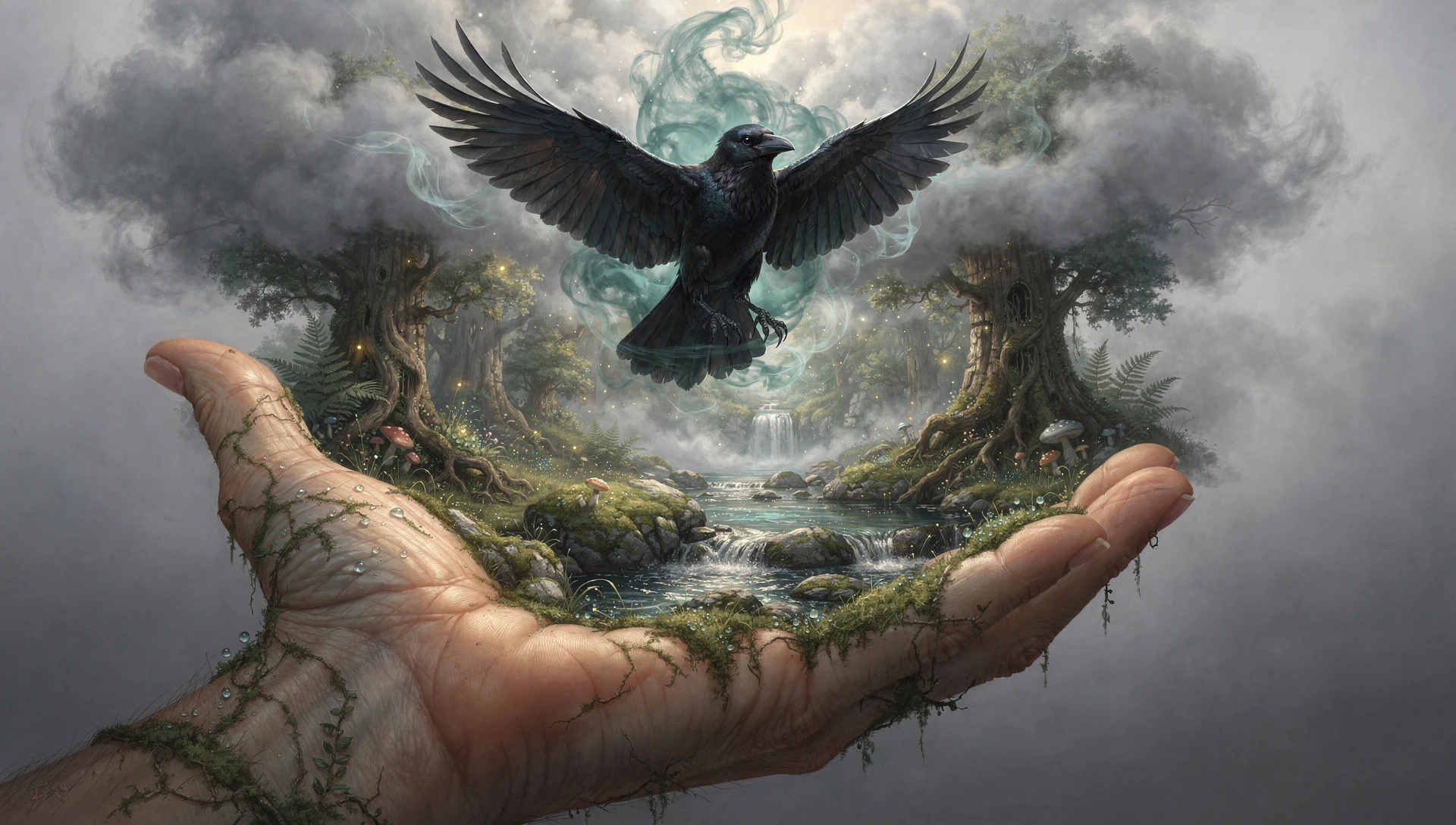 Corvo místico ascendendo da palma de uma floresta encantada