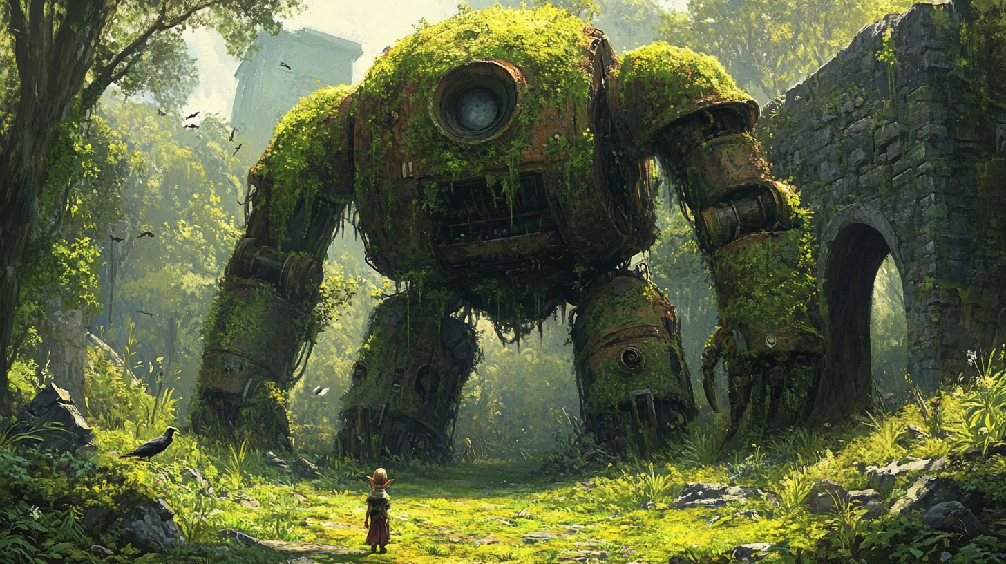Riesige moosbewachsene Roboterstatue in einer magischen Waldlichtung