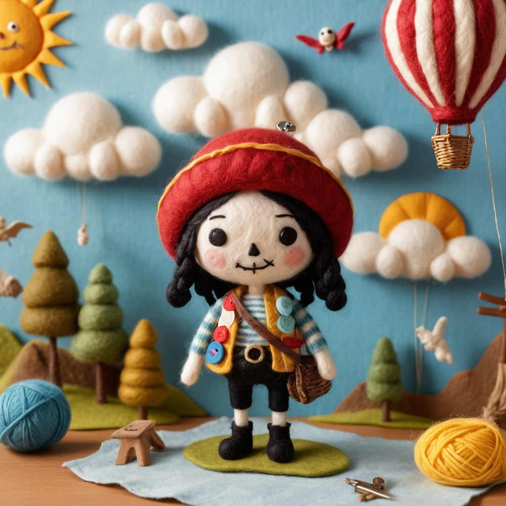 Fillette pirate en laine dans une montgolfière en pâte à modeler
