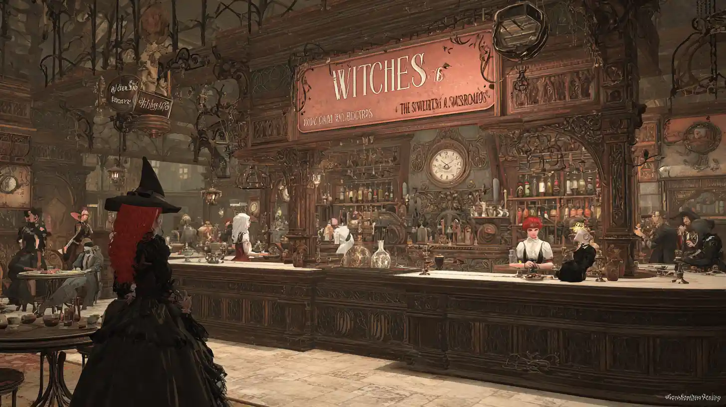 Steampunk-Hexen-Barkeeperin in einer magischen Fantasy-Bar
