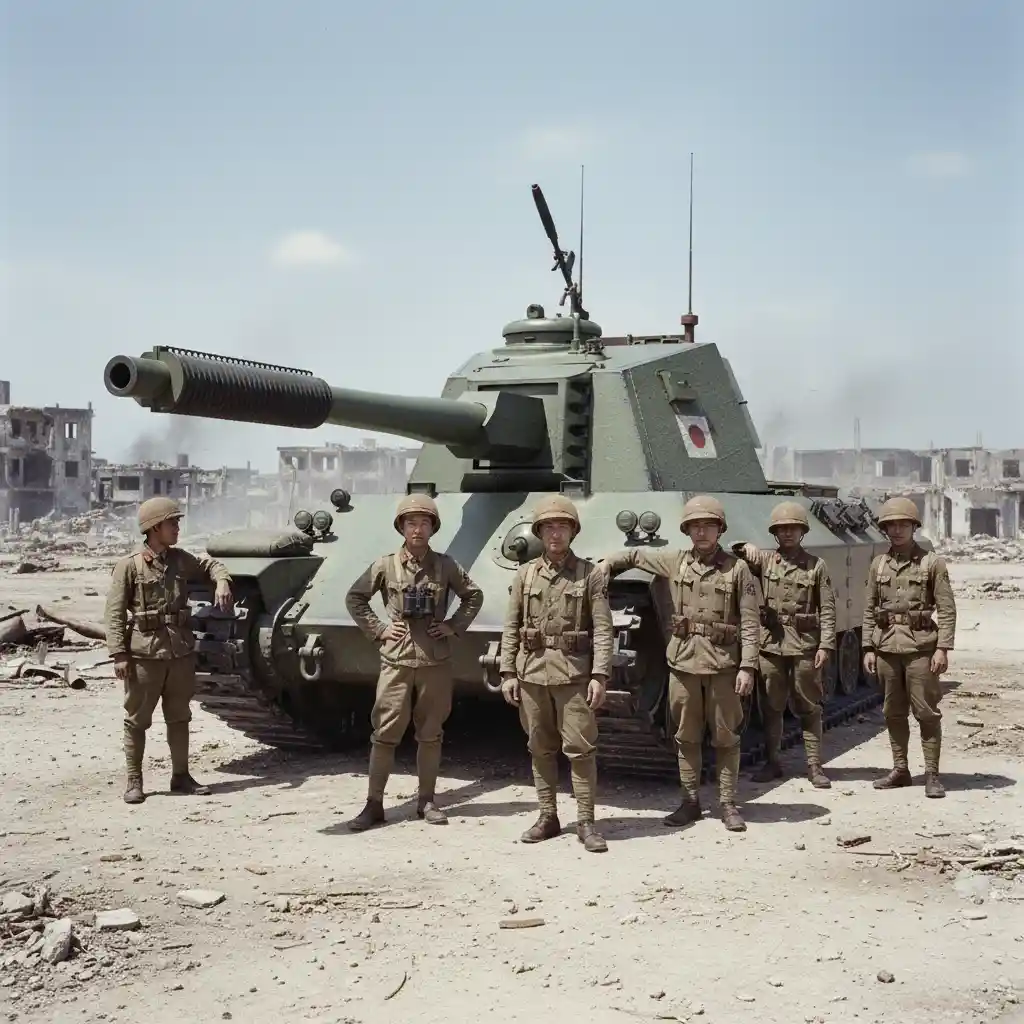 Super tanque pesado japonês e tripulação em ruínas de guerra
