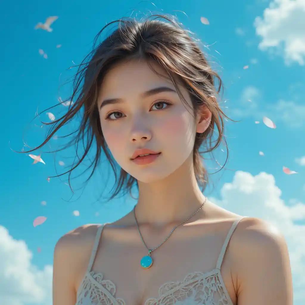 Retrato de jovem mulher contra céu azul brilhante com nuvens