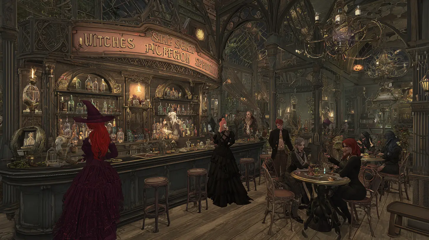 Bartender bruxa steampunk em um bar de fantasia movimentado