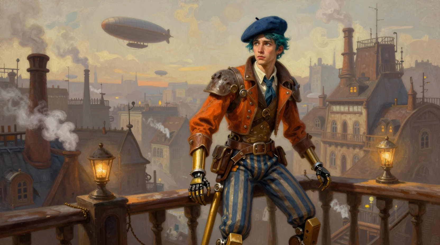 Joven en un balcón de ciudad steampunk al cálido atardecer