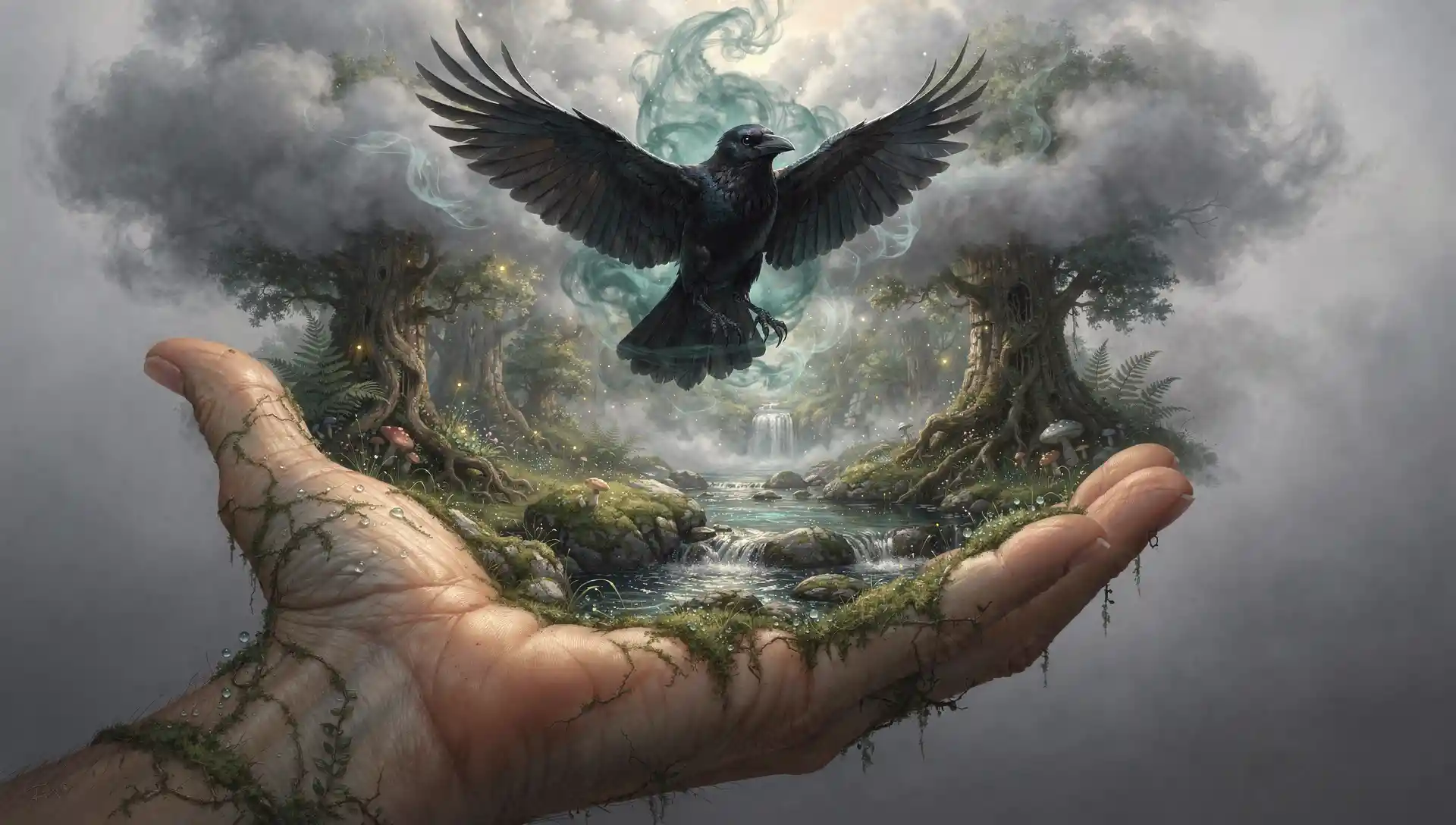 Corvo místico ascendendo da palma de uma floresta encantada