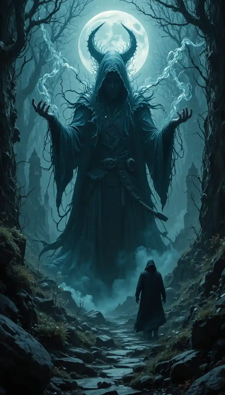 Rituel Sombre de Sorcier avec Voleur Caché dans les Ombres au Clair de Lune