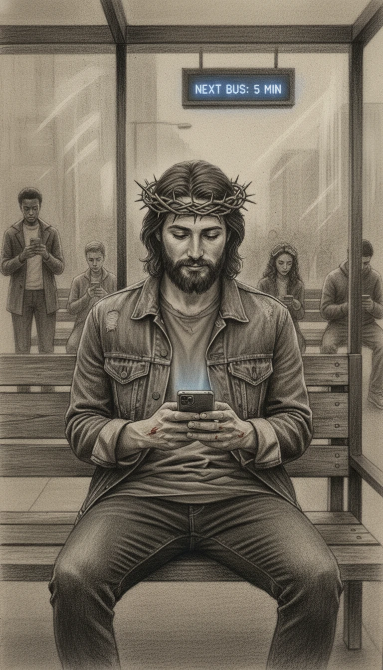 Jesus com roupas modernas mexendo no celular em um ponto de ônibus