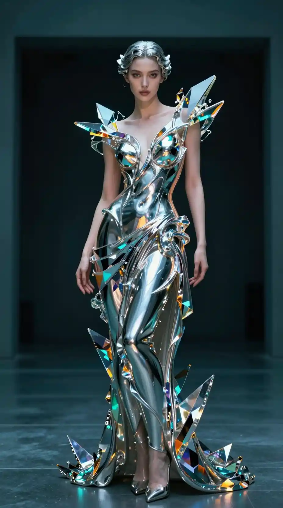 Donna d’avanguardia in posa fashion di cromo liquido