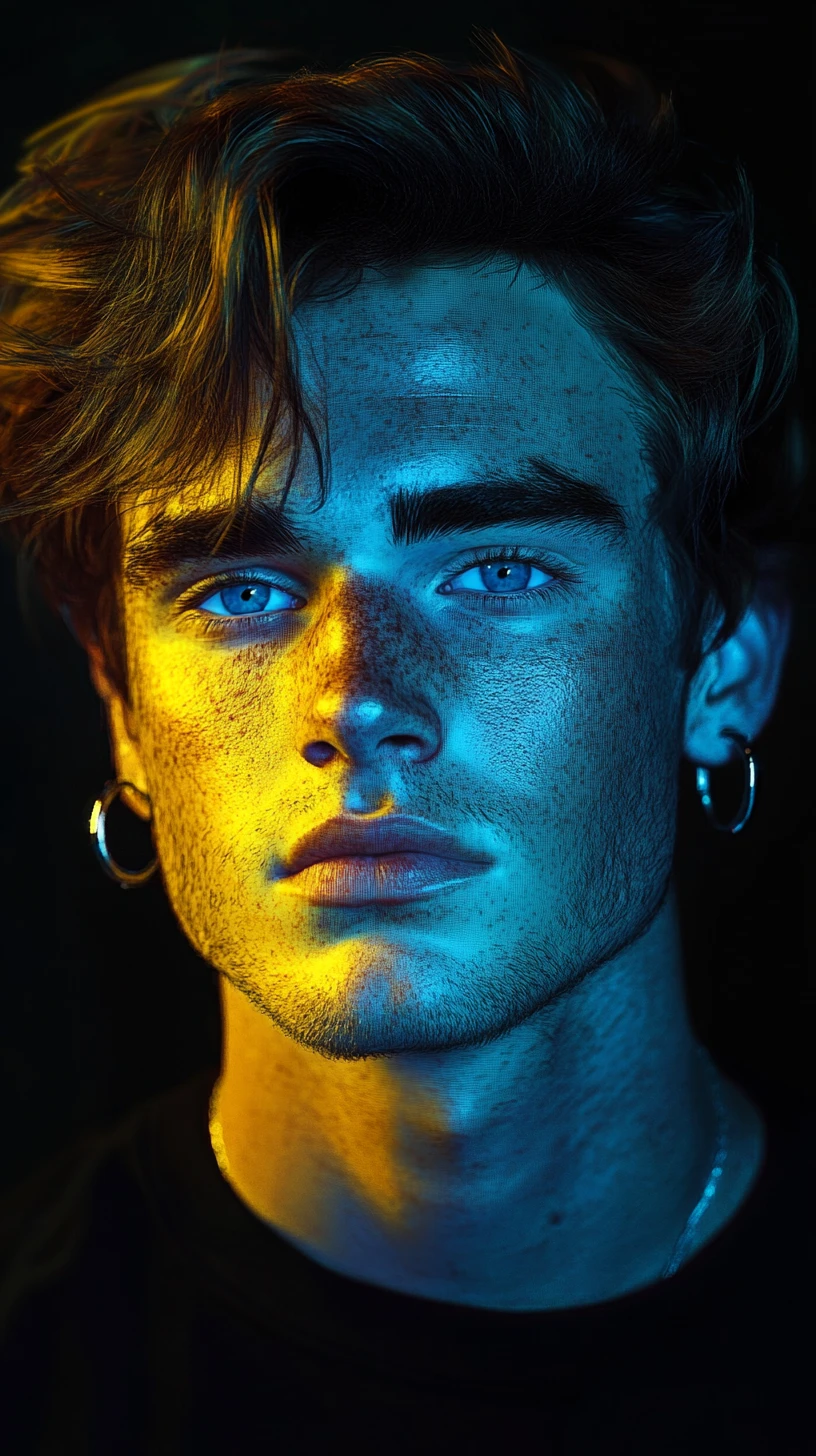 Retrato pop art de un joven bajo luz de colores