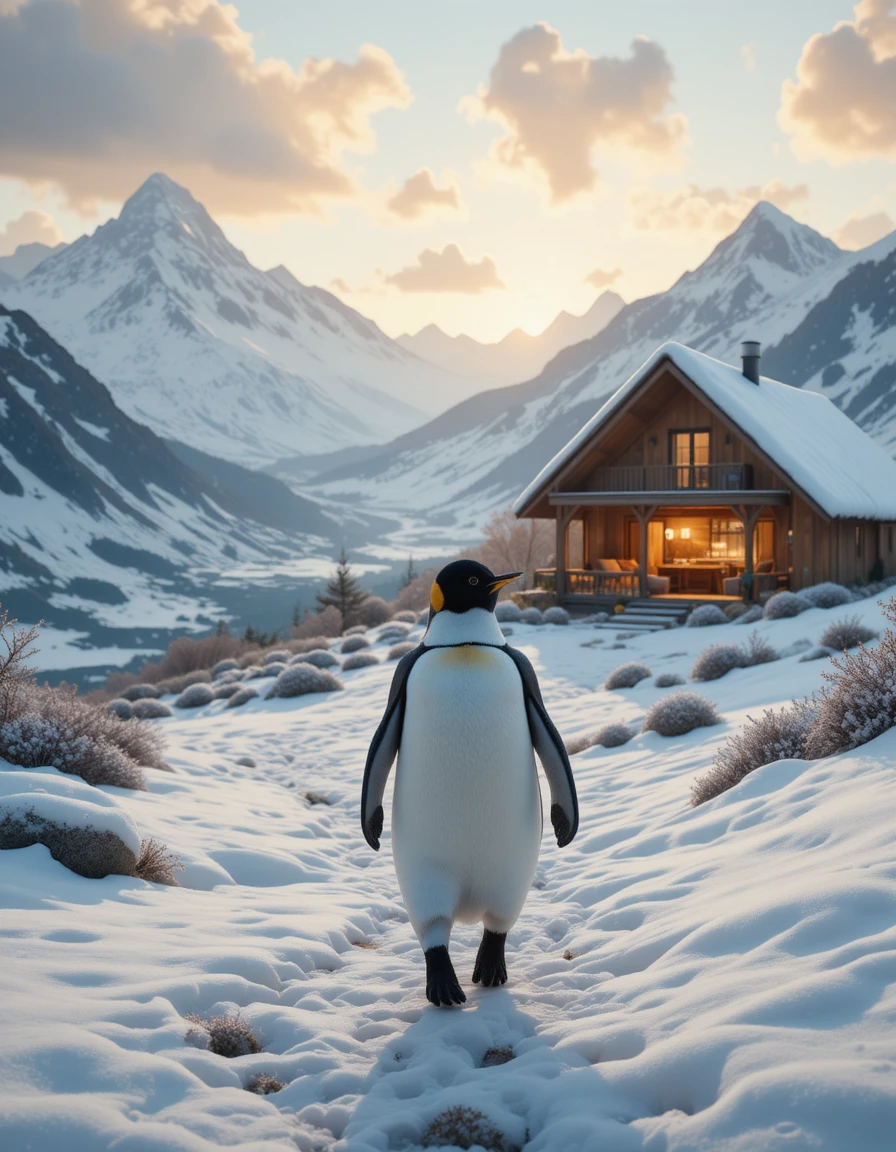 Pinguino che cammina verso una casa calda tra le montagne innevate