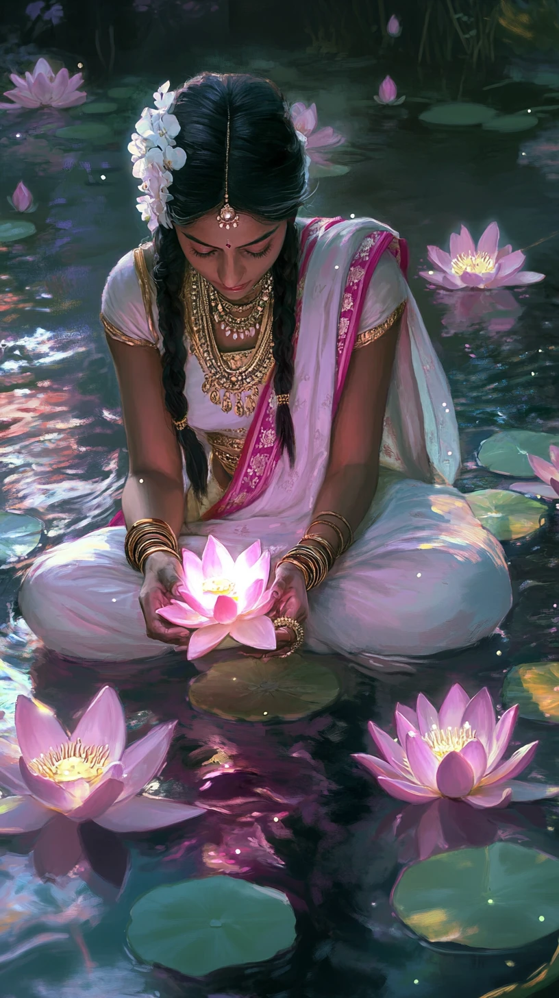 Donna che posa fiori di loto luminosi su acqua tranquilla