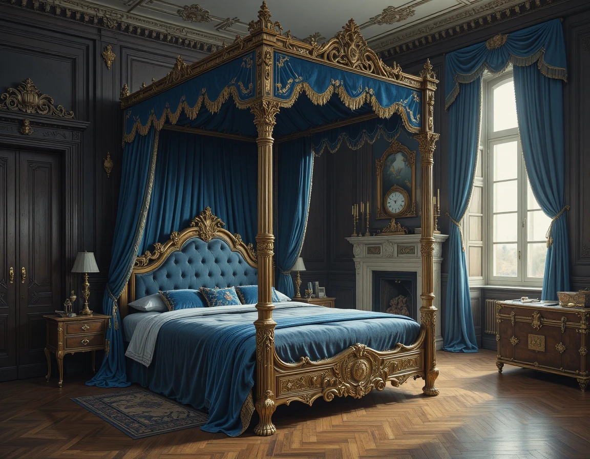Lussuoso letto a baldacchino antico in elegante camera da letto in legno