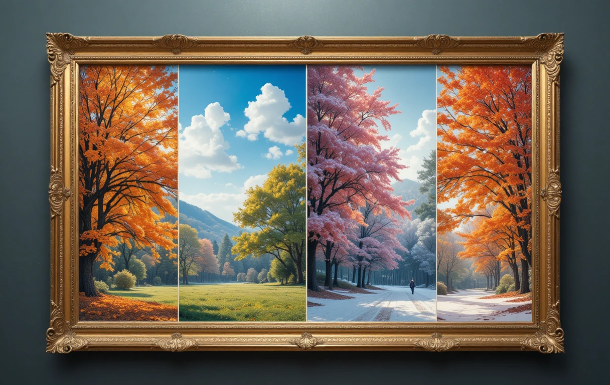 Four seasons collage in ornate golden picture frames