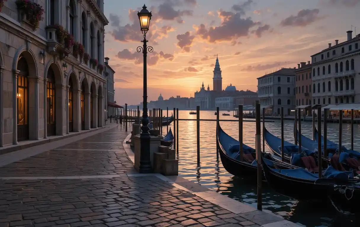 Canal veneciano al atardecer con farola y góndolas amarradas