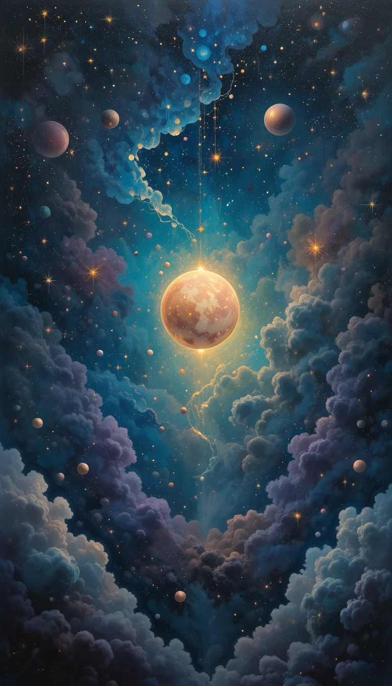 Orbe luminoso flutuando em uma paisagem surreal de nebulosa cósmica