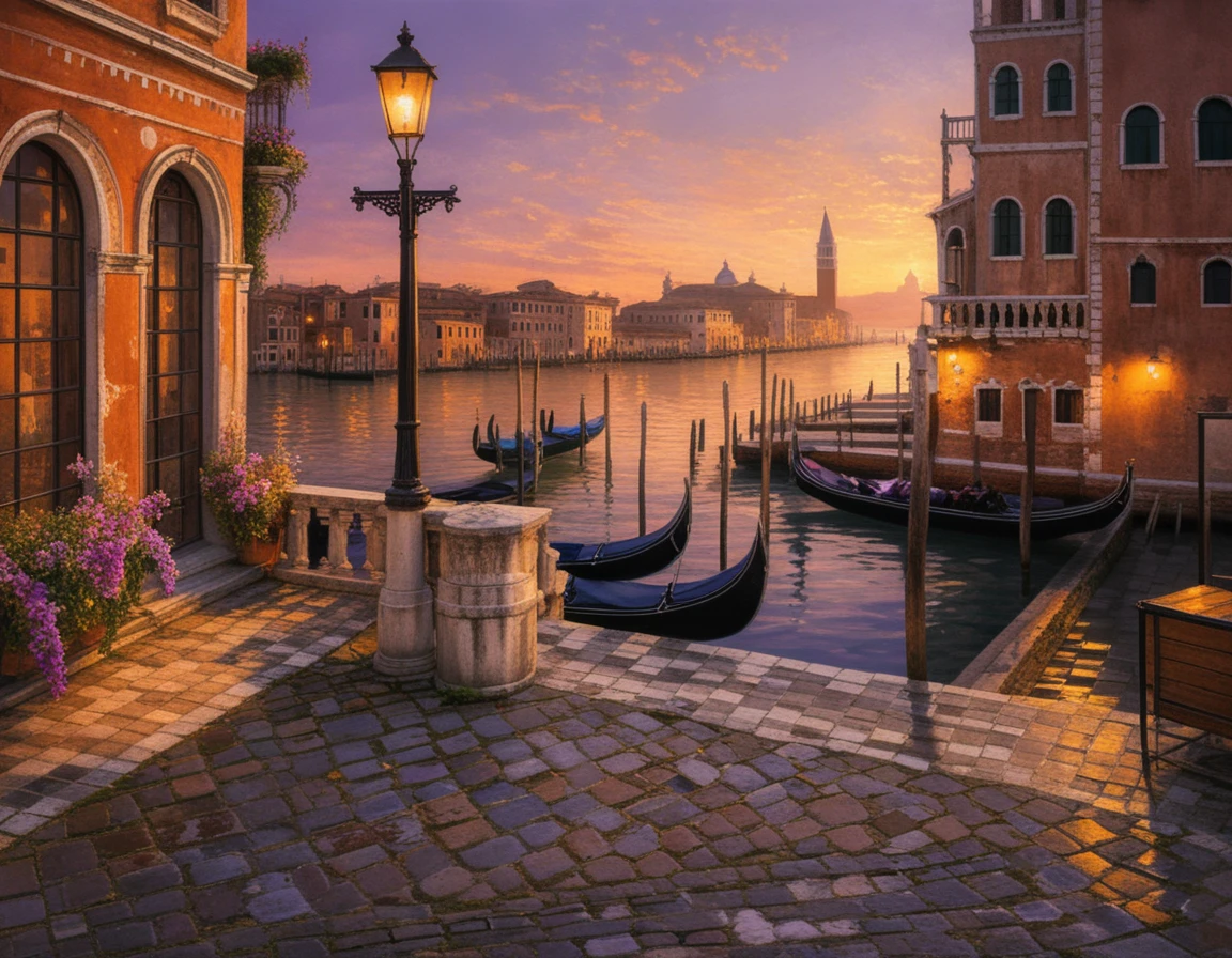 Venetian canal at dusk with gondolas and lamplight glow