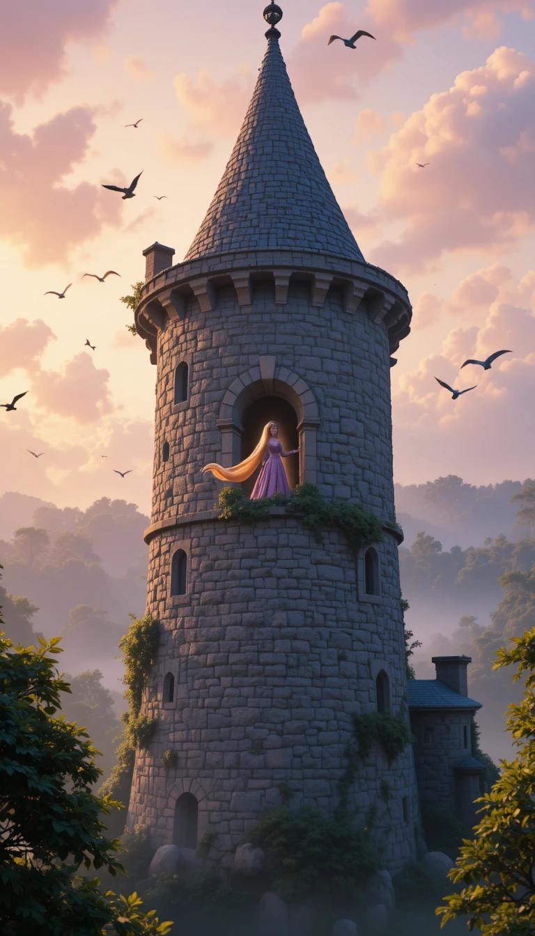 Rapunzel At Sunrise Window In A Tall Stone Tower