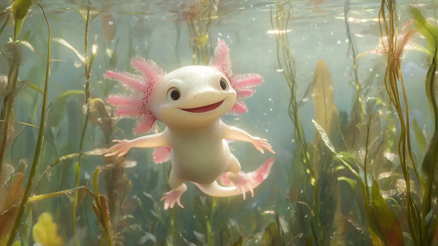 Dolce cucciolo di axolotl che nuota tra le piante subacquee