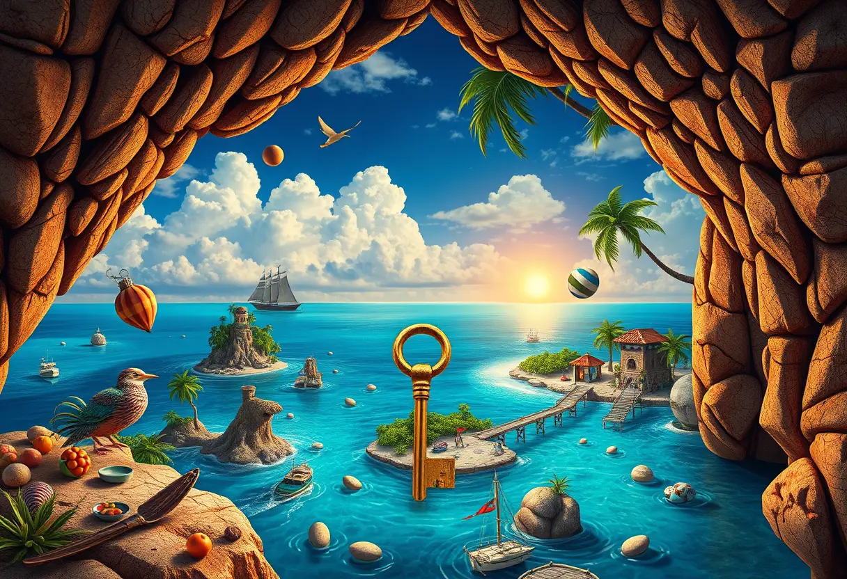 Surreal fantasy island with a mysterious key of self discovery
