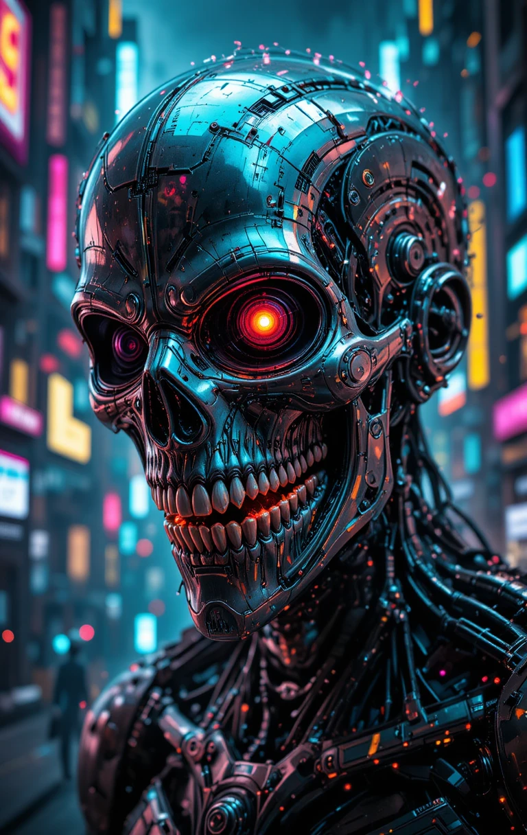 Crânio humanóide cibernético com olho vermelho brilhante e pixels