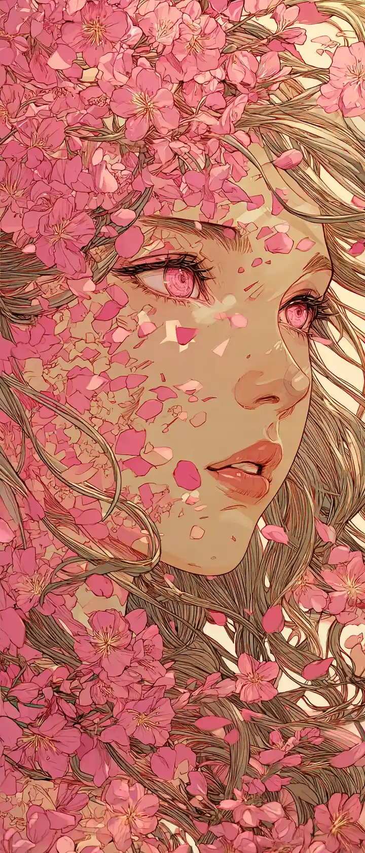 黃昏中與櫻花花瓣融為一體的動漫女子