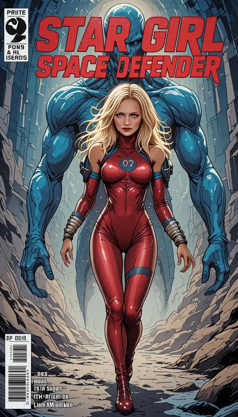 Sci fi comic cover with fleeing heroine and alien