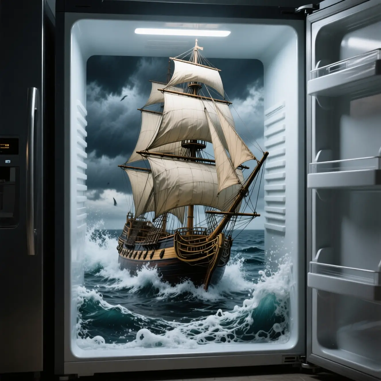 Velero alto dentro de un refrigerador moderno en medio del mar