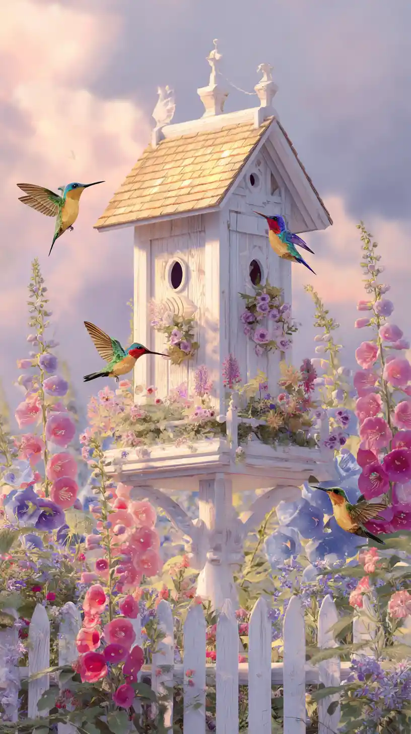 Ilustración de Casita de Pájaros Gigante en un Jardín Campestre Soleado