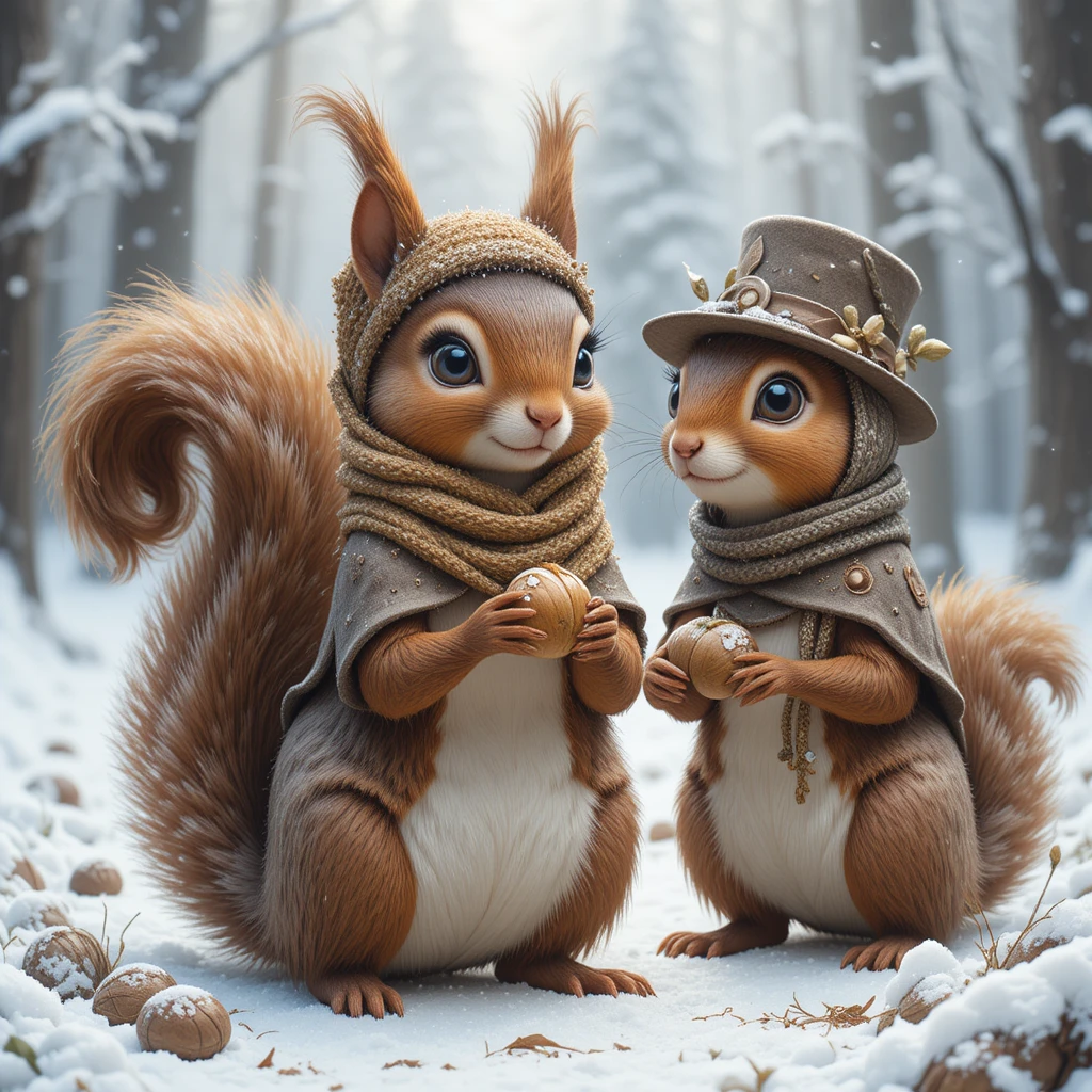 Two charming squirrels sharing walnuts in a snowy forest