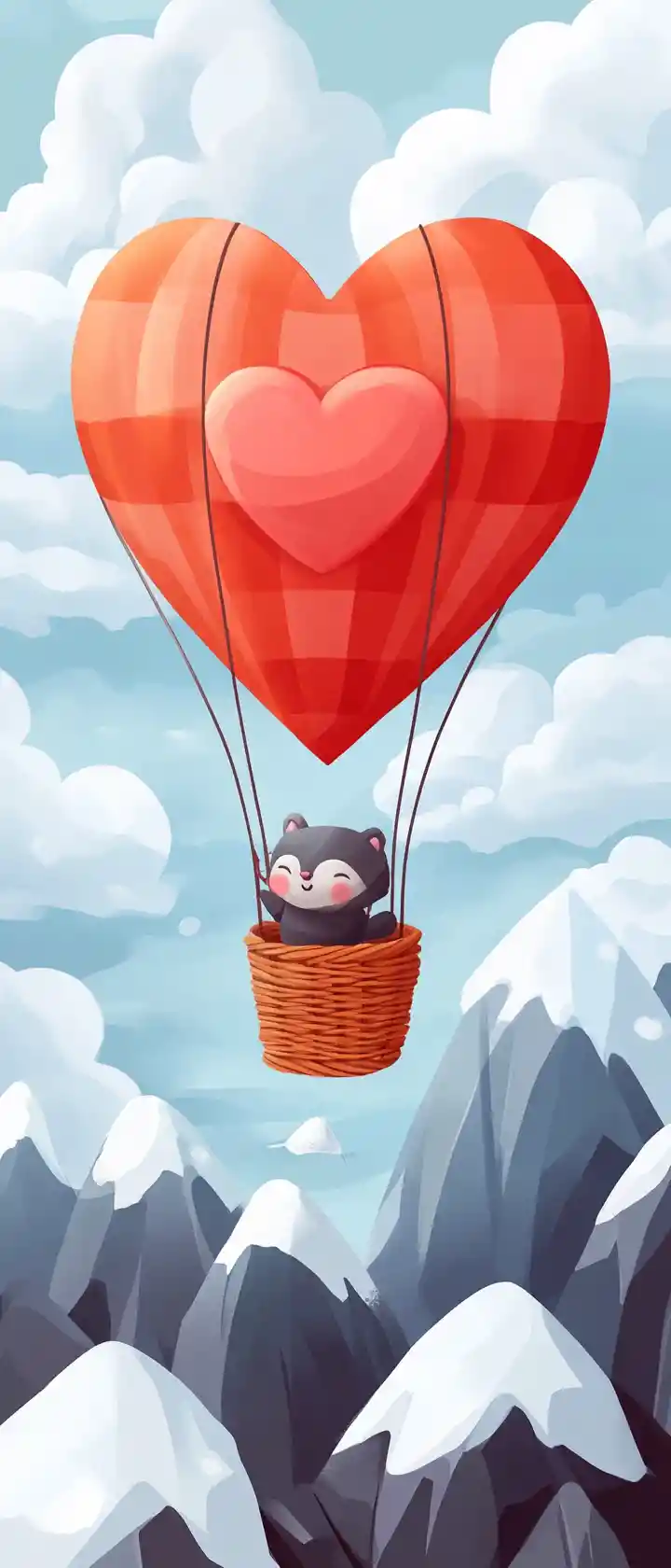 Cute cartoon raccoon in heart hot air balloon illustration