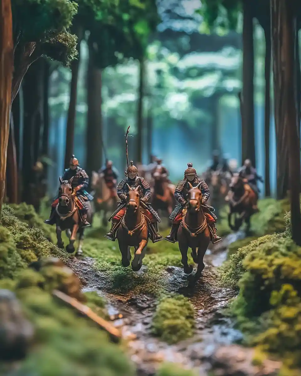 Samurai in miniatura che cavalcano in una foresta montana notturna