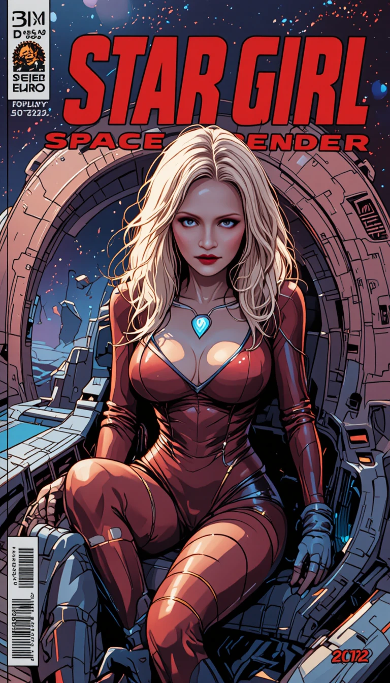 Anime space pilot girl in a retro sci fi comic cover