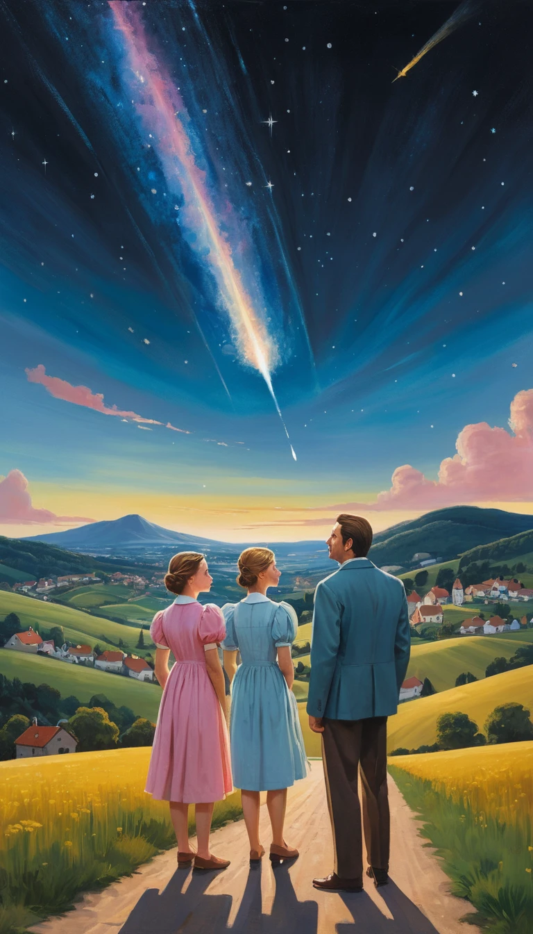 Pareja observando una brillante estrella fugaz sobre colinas rurales