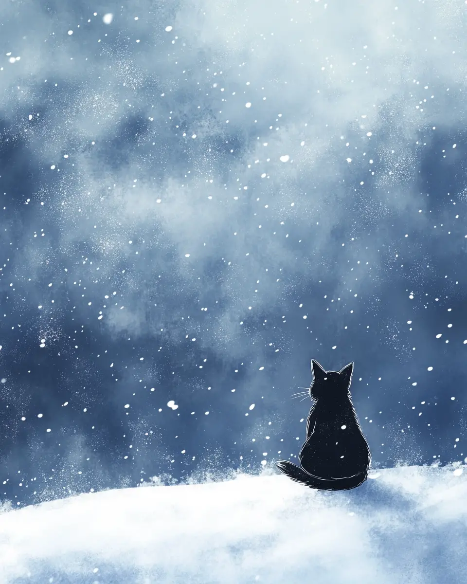 Ilustración de silueta de gato de anime bajo nieve cayendo suavemente