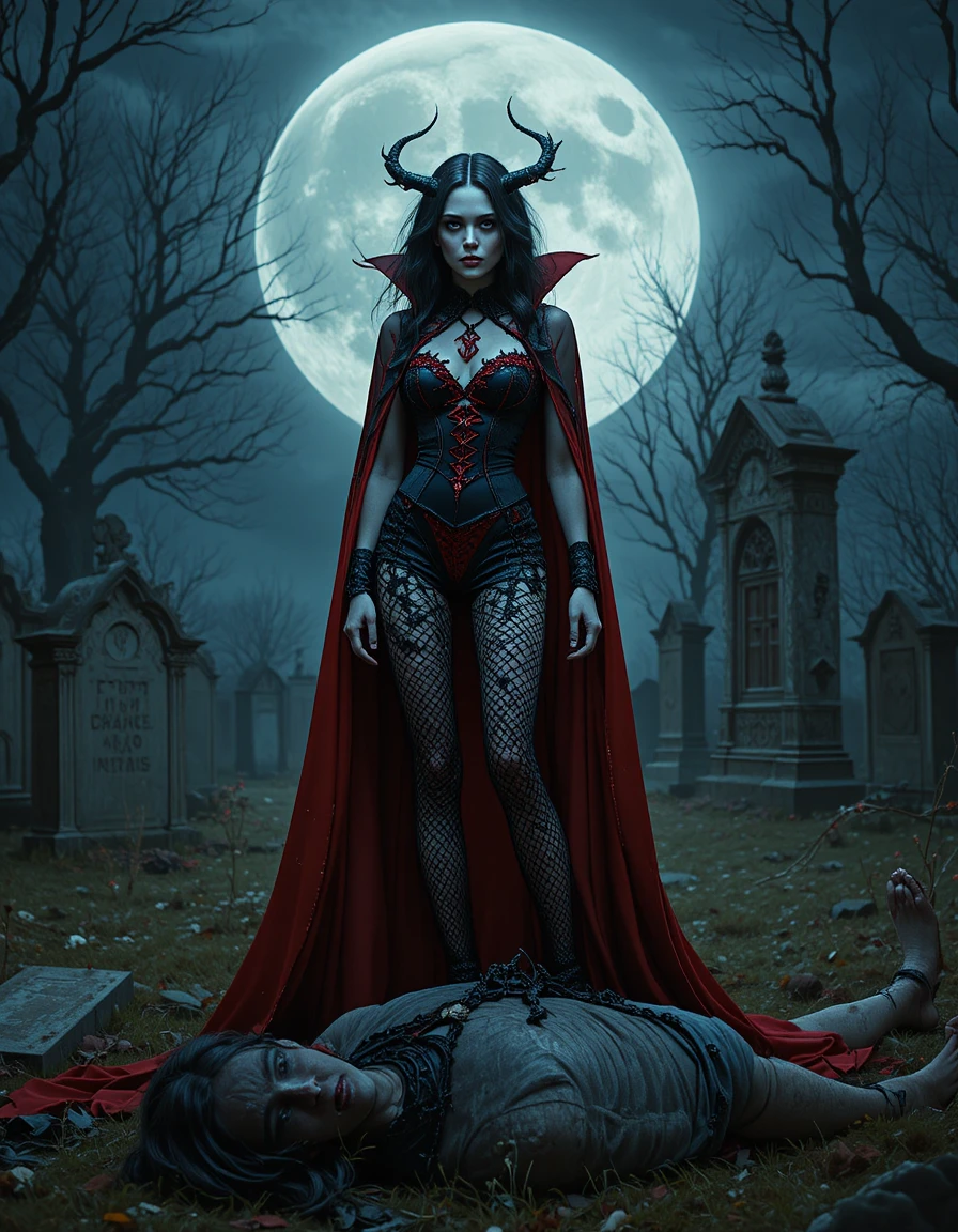 Vampire femme à cape rouge dans un cimetière au clair de lune