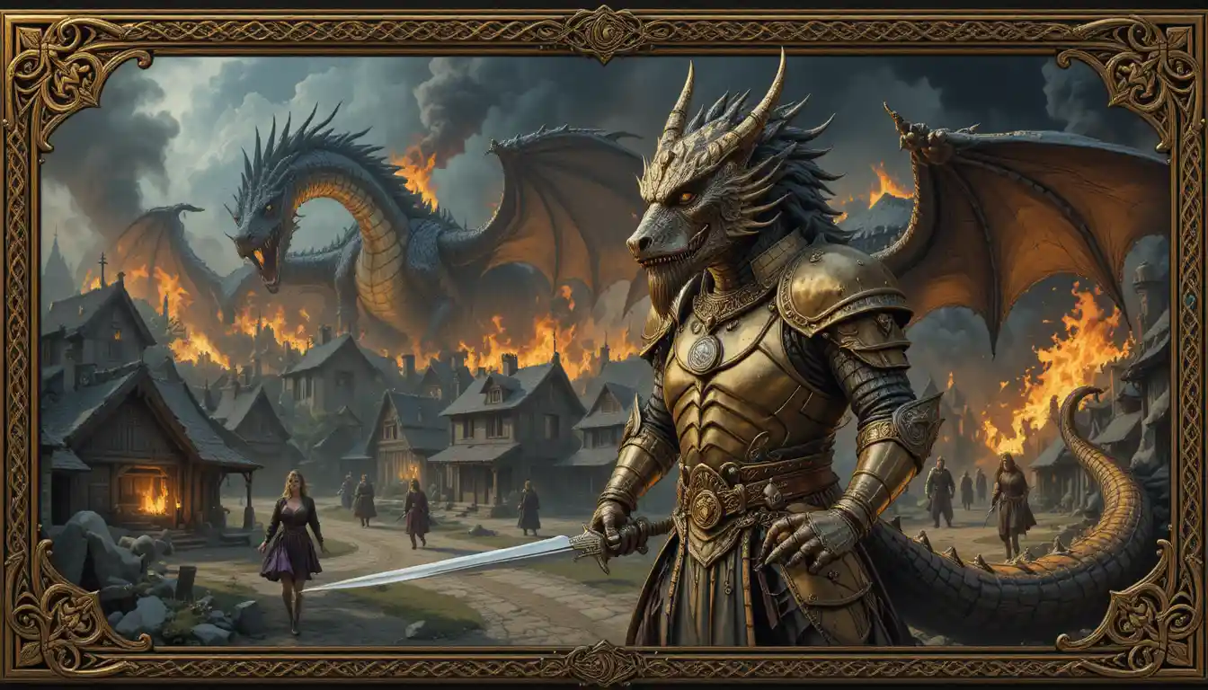 Golden armored dragon warrior before a burning village